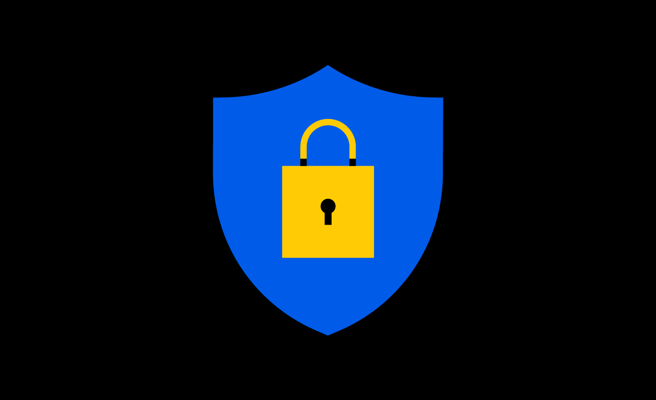 Yellow lock illustration overlayed on top of a blue shield on a black background.
