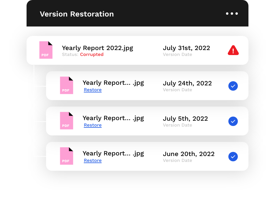 screenshot of version restoration of data