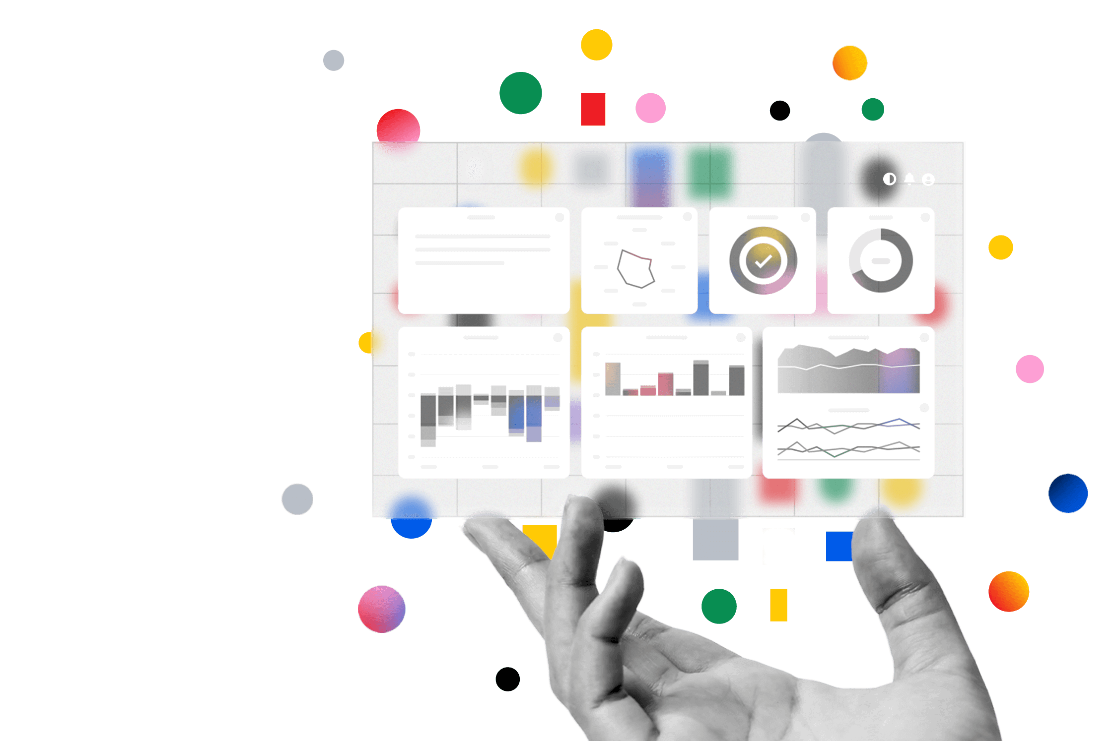 Panzura Symphony dashboard in a hand holding pane of glass with small shapes behind.