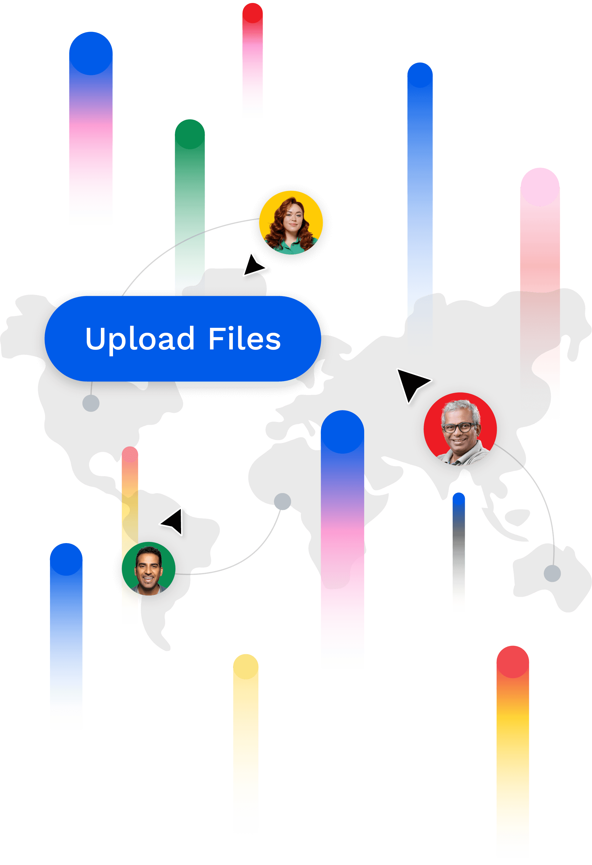 Graphic showing users around the world uploading files in Panzura CloudFS environment.