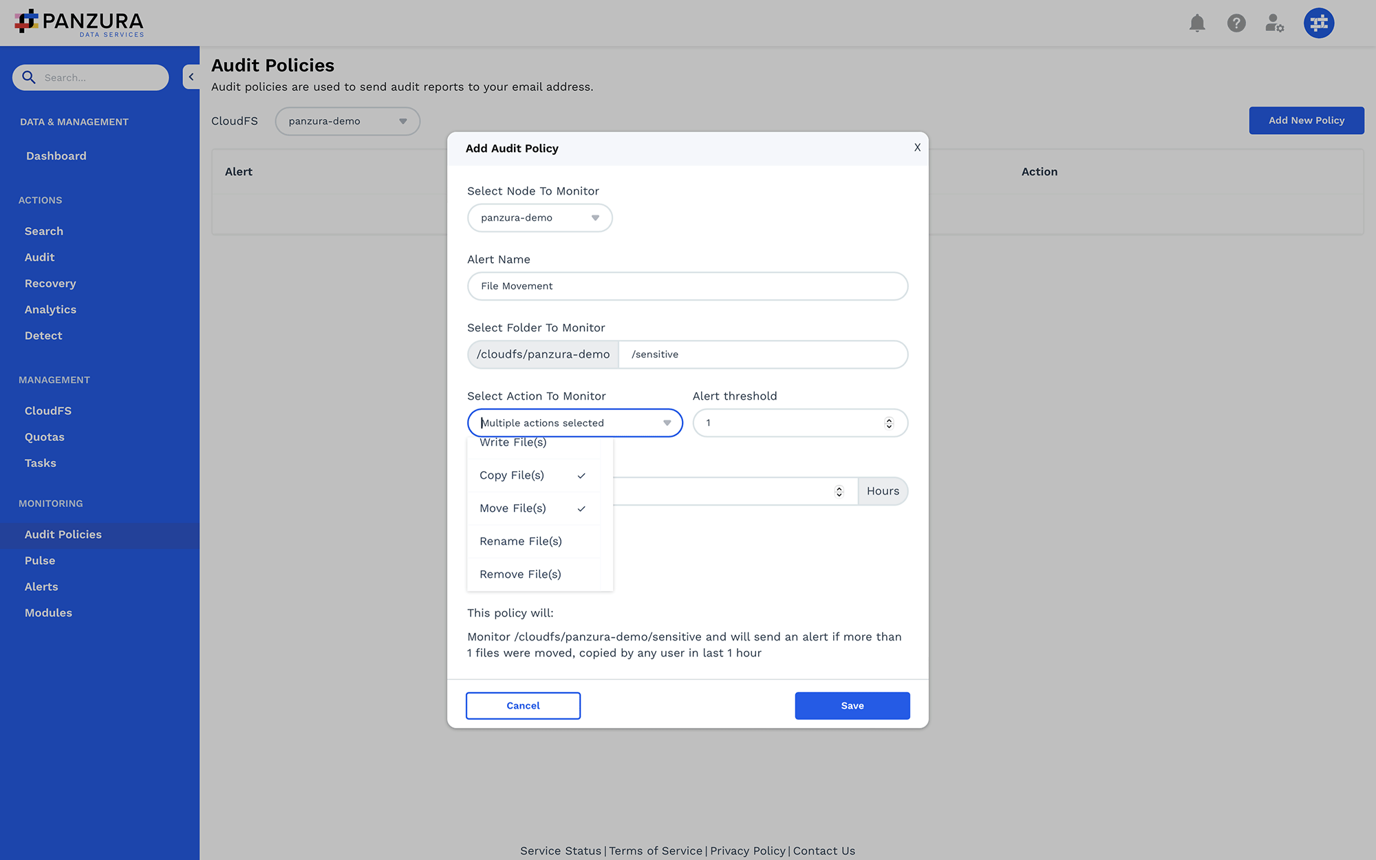 Panzura Data Services audit policy - alerts on file copy and move