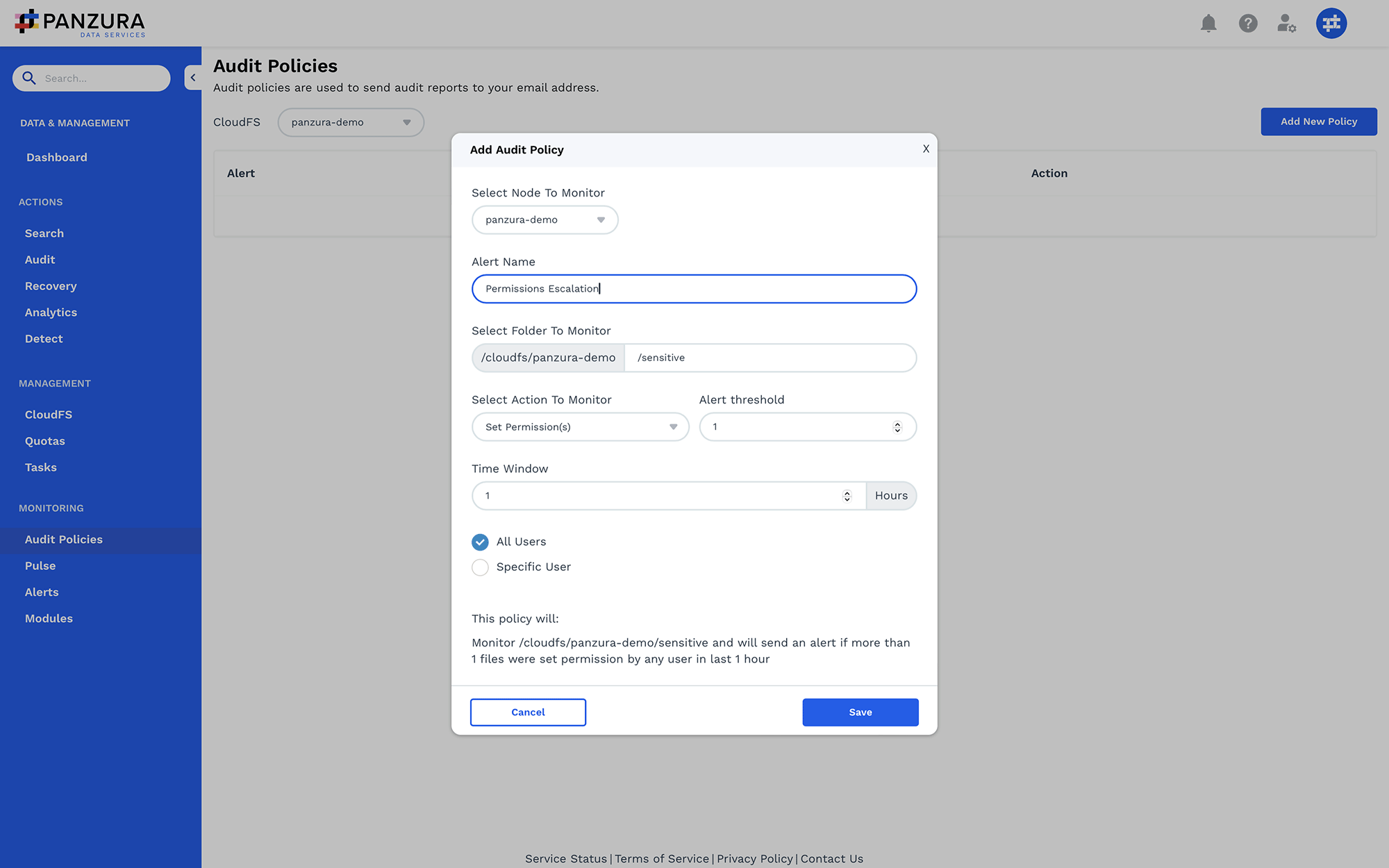 Panzura Data Services audit policy - alerts on permissions changes