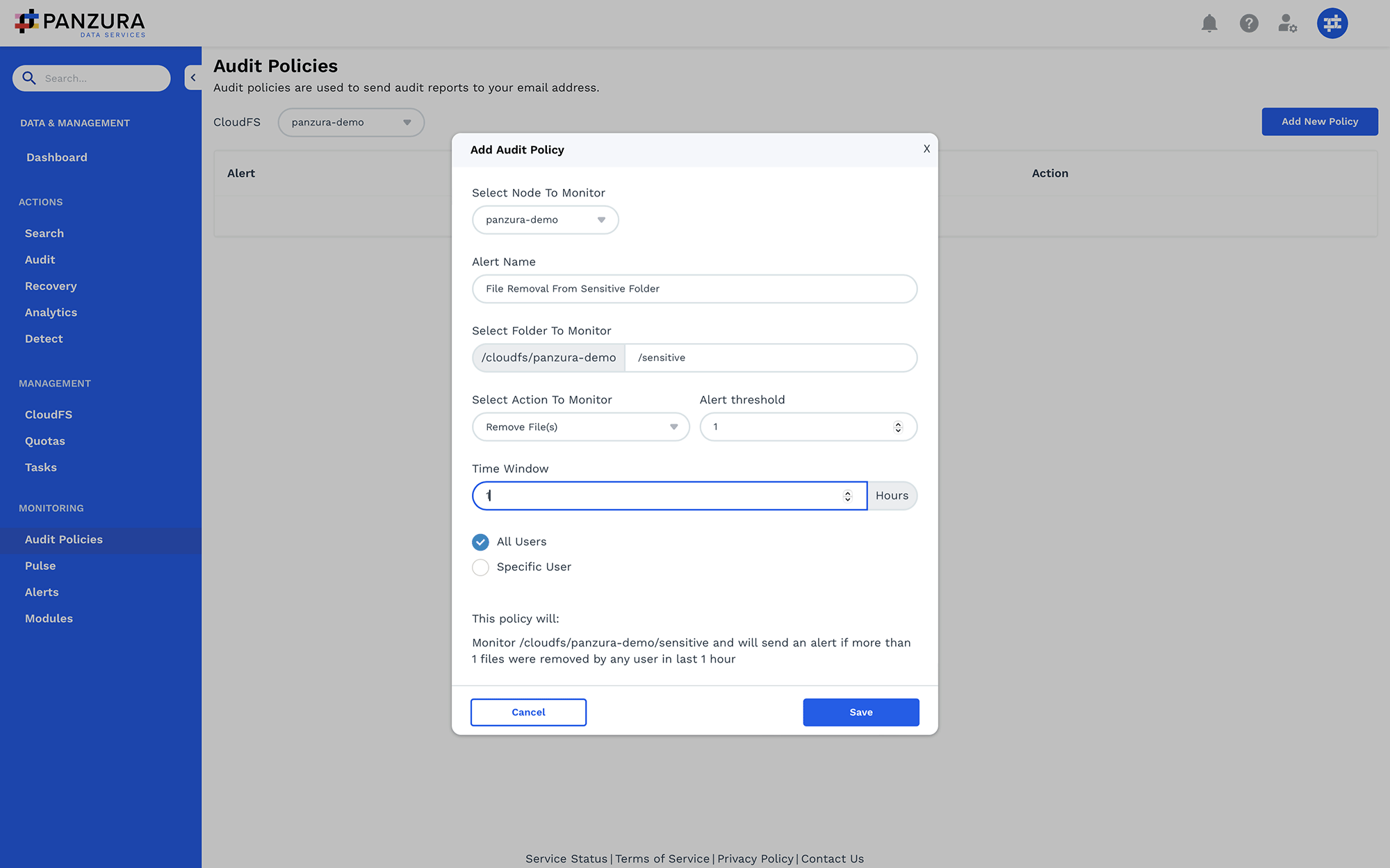 Panzura Data Services audit policy - alerts on file removal